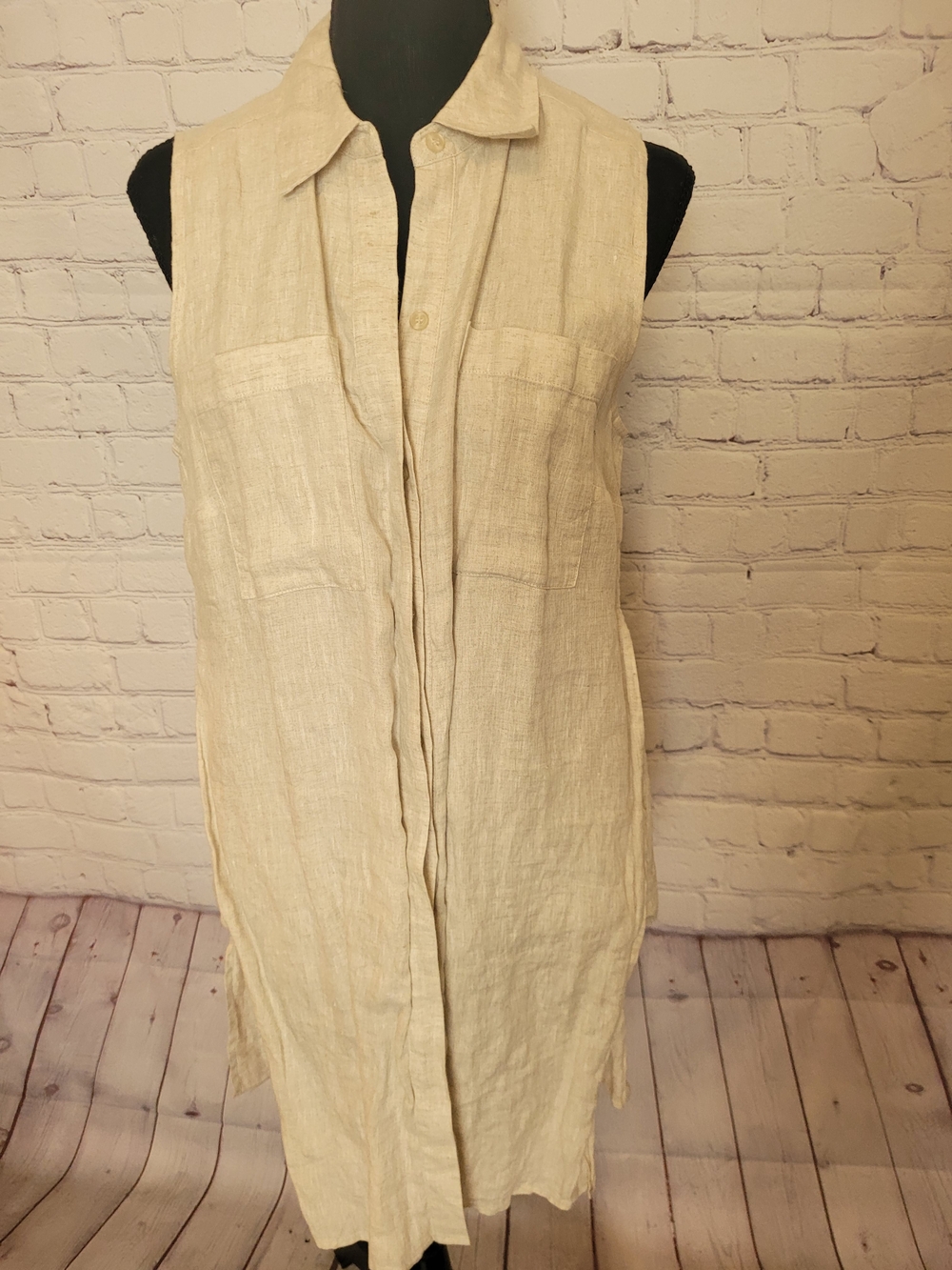 Chico's Size Small Beige Cream Linen Sleeveless Collared Long Button Tunic Top